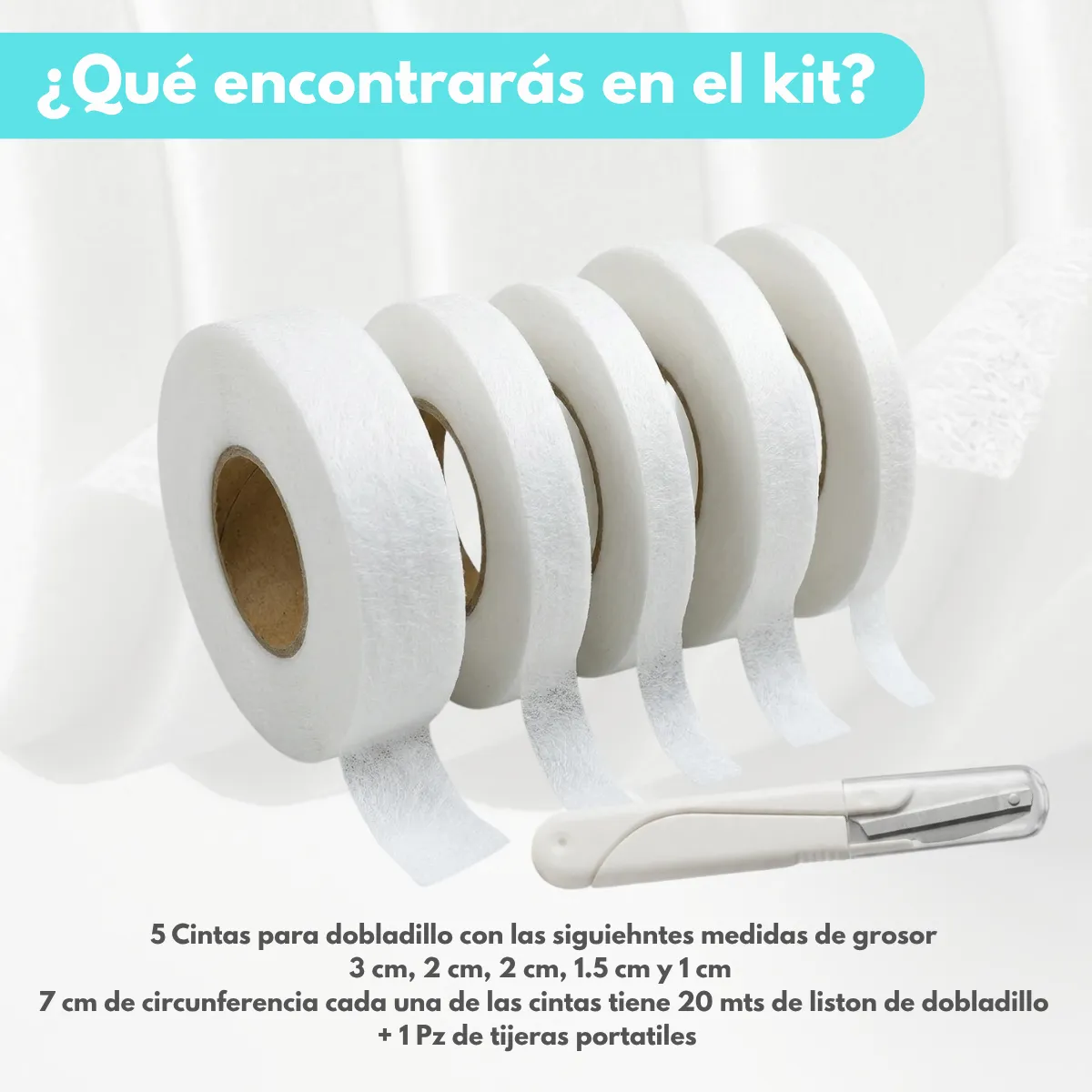 Kit 5 Rollos Cinta para Dobladillo para Planchar + Tijeras portátiles - Imagen 3