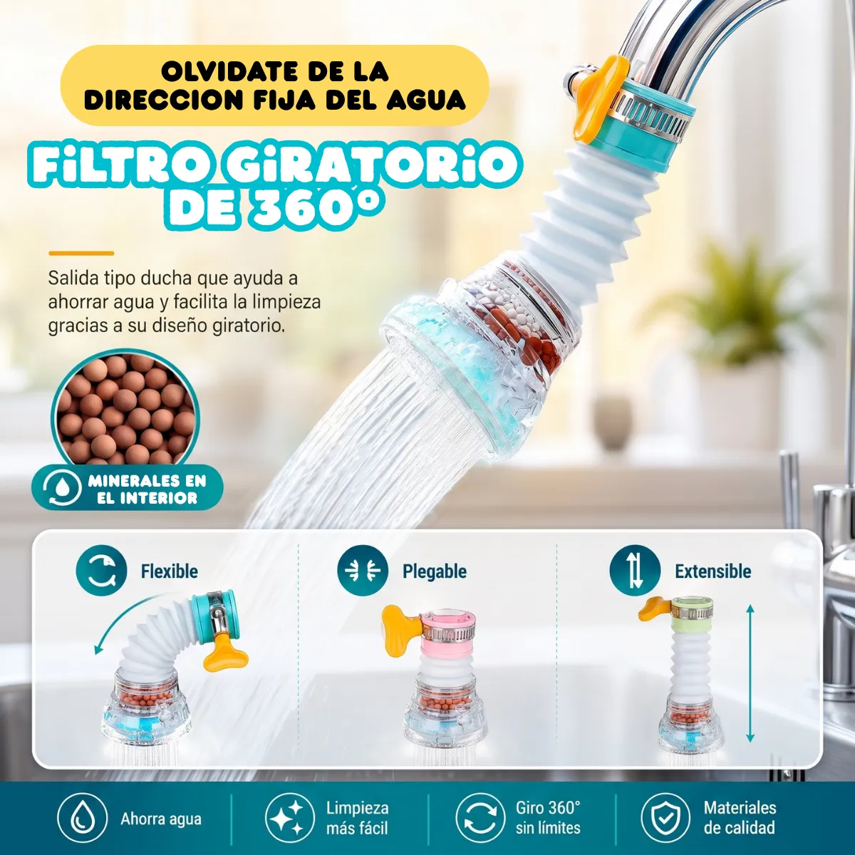 3 Filtros Ahorro Agua Boquilla Grifo Rociador Giratorio 360° - Imagen 3