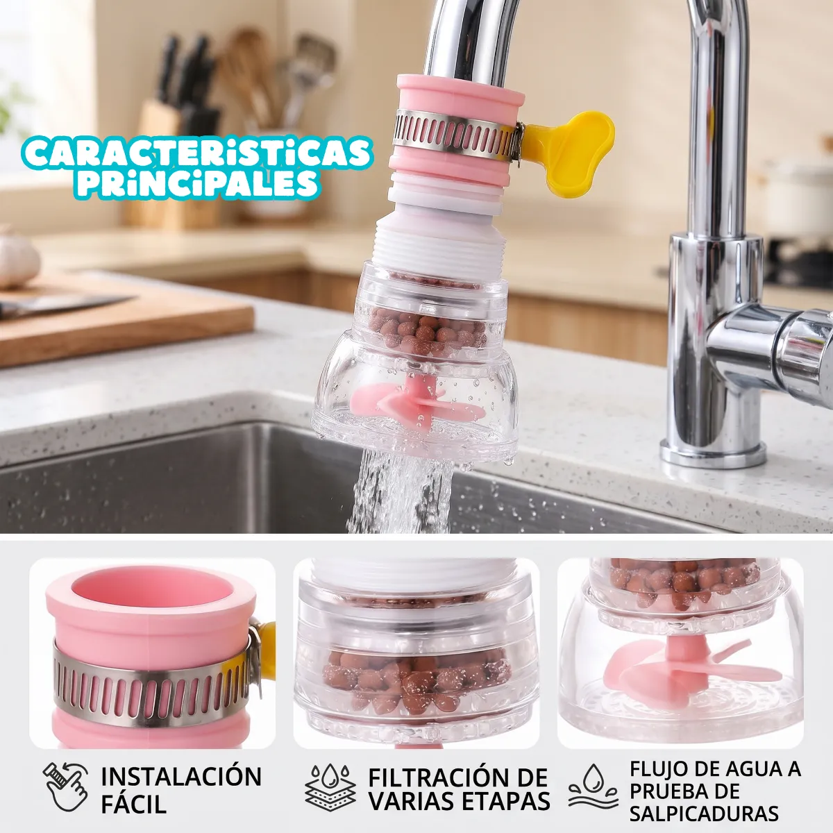 3 Filtros Ahorro Agua Boquilla Grifo Rociador Giratorio 360° - Imagen 7
