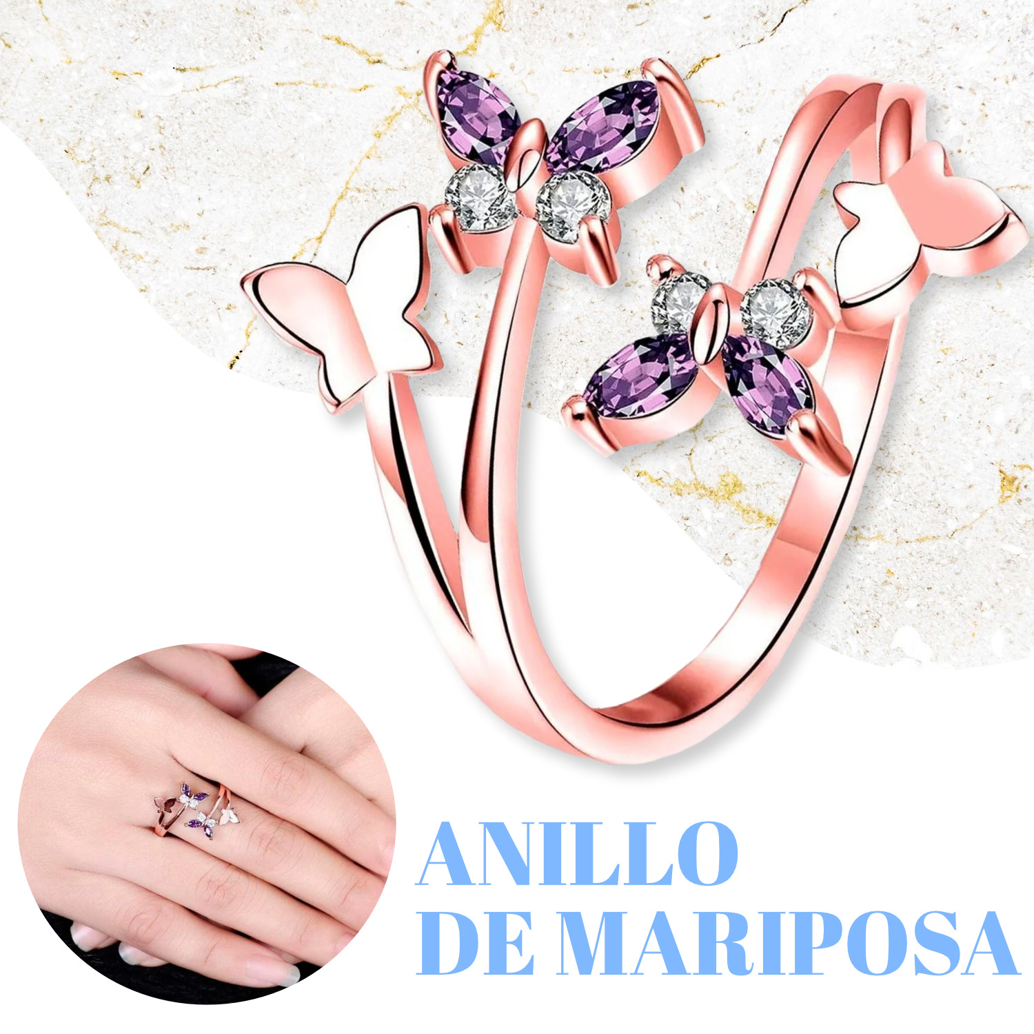 Anillo De Mariposa Zirconias Moradas Ajustable Calidad