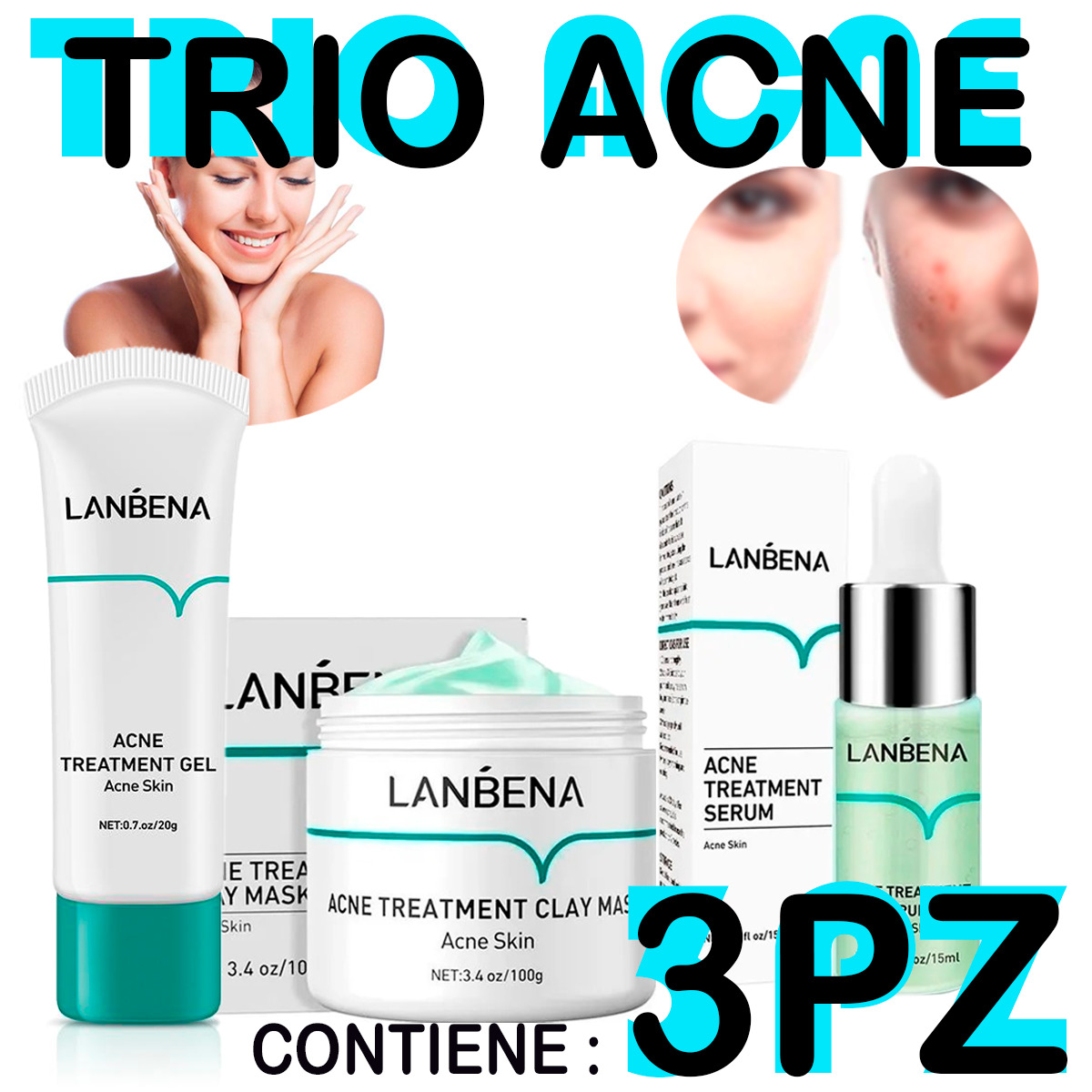 Lanbena Serum + Mask + Gel Tratamiento Anti Acné 3pzs