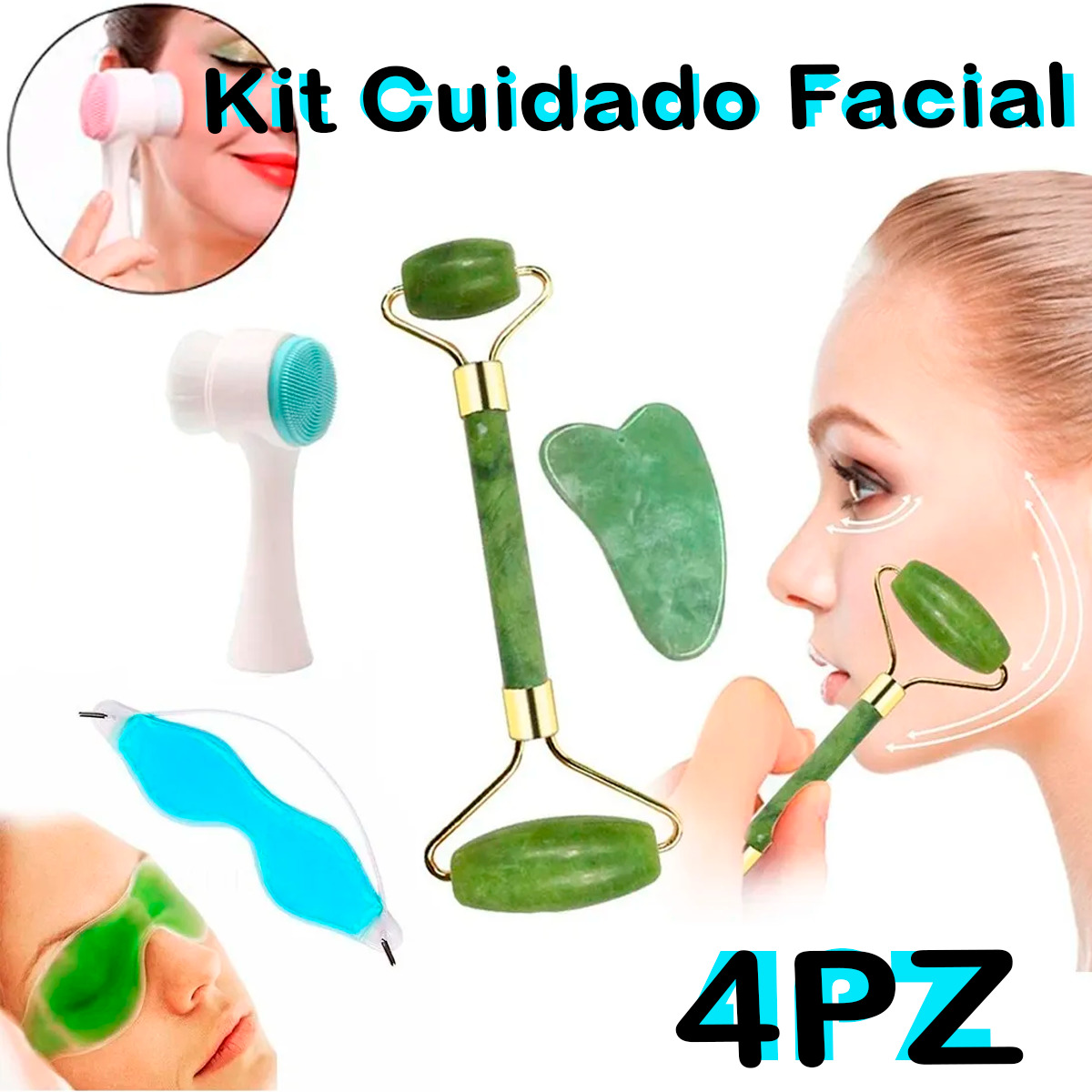 Kit Rodillo Y Gua Sha De Jade + Cepillo Facial Doble Cara + Antifaz Gel Colores Al Azar